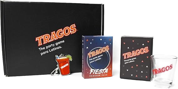 Tragos Fiesta Kit for Latinos - Bundle Includes Tragos Original & Fiesta Games, Michelada Bottle Opener & Single Shot Glass - Cultural Spanglish Card Game Set - Juegos De Mesa para Adultos