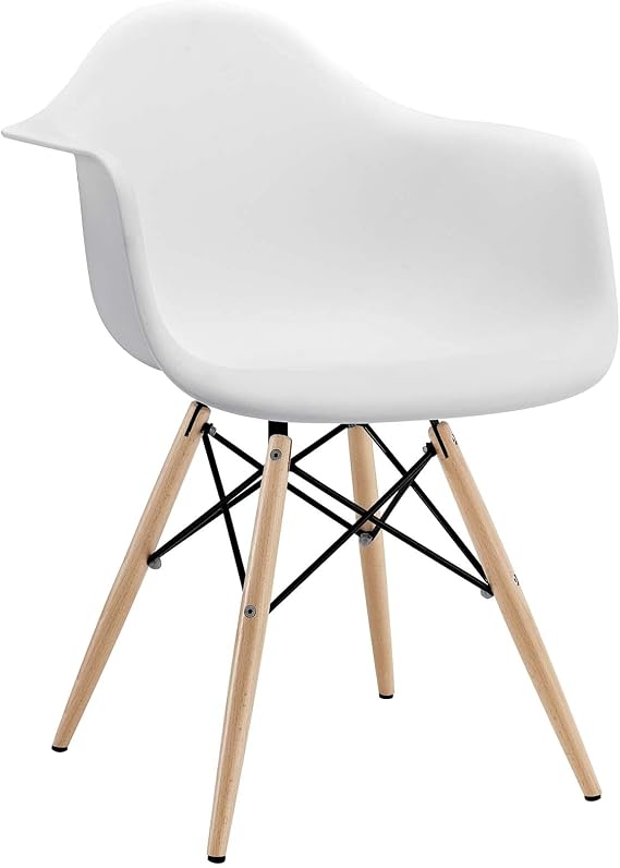 Modway Pyramid Mid-Century Modern Kitchen and Dining Room Arm Chair with Natural Wood Legs in White