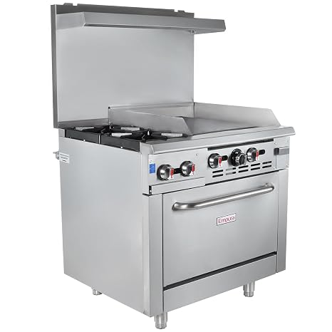 EMPURA 36" Freestanding Natural Gas Range | Cooking Stove with Single Standard Oven (2) Cast-Iron Open Burners and 24" Right Side Griddle | 130,000 BTU | 36"W x 32-5/8"D x 60-1/8"H, Stainless Steel