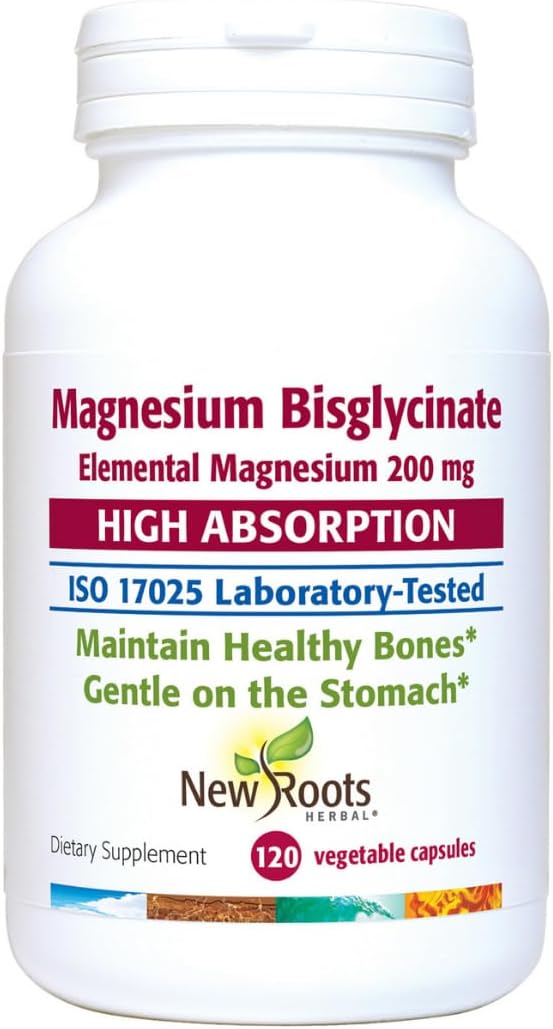 New Roots Herbal Magnesium Bisglycinate, 120 Capsules 120-Day Supply - 200mg Elemental Magnesium for Sleep, Heart, Muscle Function, Electrolyte Balance and Bone Health - Gentle on Stomach - Non-GMO