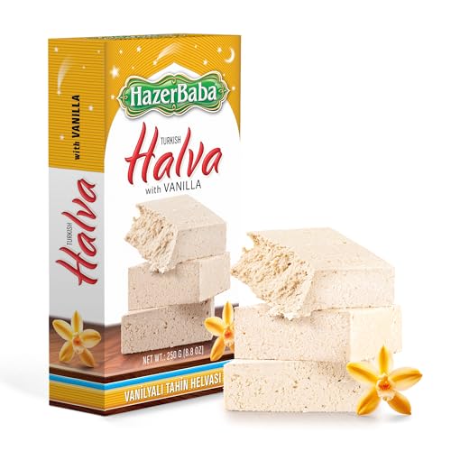 Hazer Baba Turkish Halva with Vanilla, Traditional Tahini Sesame Halwa Snack, Gourmet Dessert, Gelatine Free Halvah, Sweet, Small Gift Box, Halal, 8.8oz 250g