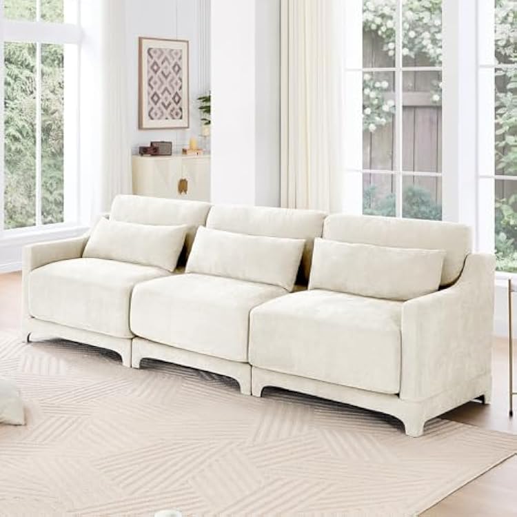 105.9 Oversized 3 Seat Sofa Couch, Modern Upholstered 3 Seater Couch with 3 Lumbar Pillows, Comfy Living Room Sofa with Thick Backrest for Bedroom, Beige Chenille Fabric