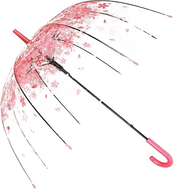 Clear Cherry Blossoms Umbrella,Clear J Hook Handle Stick Umbrella,Transparent Umbrellas Wedding,Pink Bubble Umbrellas for Kids and women