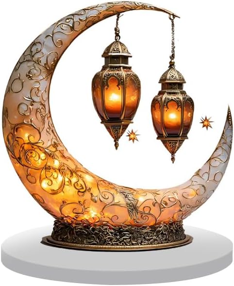 Ramadan Eid Mubarak Ornaments, 2D Crescent and Lantern Acrylic Tabletop | Ornament, Moon Star Light Tabletop Ornament for Ramadan Mubarak Eid Decorations