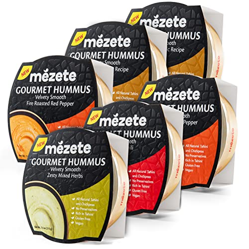Mezete Hummus Snack Pack | Authentic Middle Eastern Recipe | Rich in Tahini | All-Natural Dips and Spreads | Ready to Eat Vegan Dips | Shelf-Stable | Requires No Refrigeration | Pack of 6