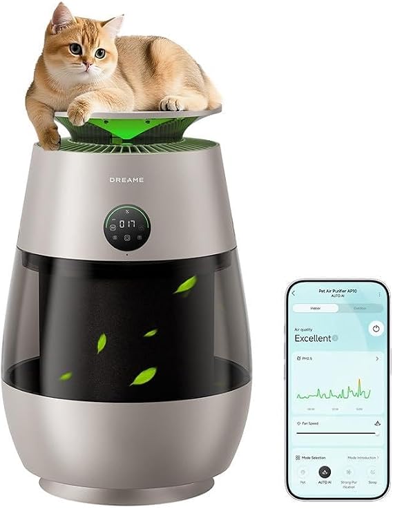 Dreame Pet Air Purifier AP10, Suck Up Floating Cat Dog Hair Dander, NeverChange 5.4-Year Filters for Odor Purification, 1346 ft2 for Home Large Room, Pet-Friendly Design, APP & Voice Control, Gold