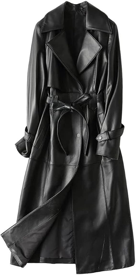 Women's Fine Grain Leather Trench Coat - Ladies Black Lambskin Long Leather Over Coat with Belt