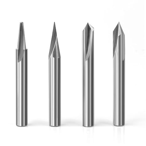 MNA Engraving CNC Wood Carving Router Bit Set, 4 Piece, 1/4" Shank, Soild Carbide 15 20 60 90 V Groove Bit. for CNC or Wood Router, MNA Industrial Grade.