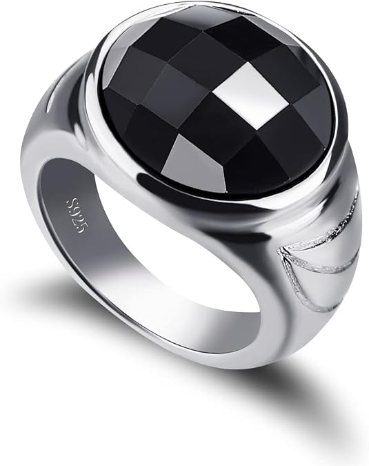 925 Sterling Silver Men Black Onyx Ring Square Circular Agate Signet Ring For Woman Index Finger Ring Sizes 6 to 13 For Band Mans Jewelry Gift For Him