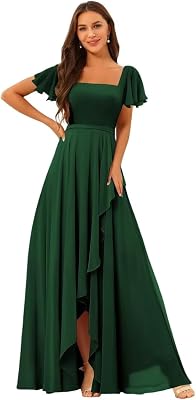 Womens Square Neck Bridesmaid Dresses with Slit Short Sleeves A Line Long Formal Gowns OE01