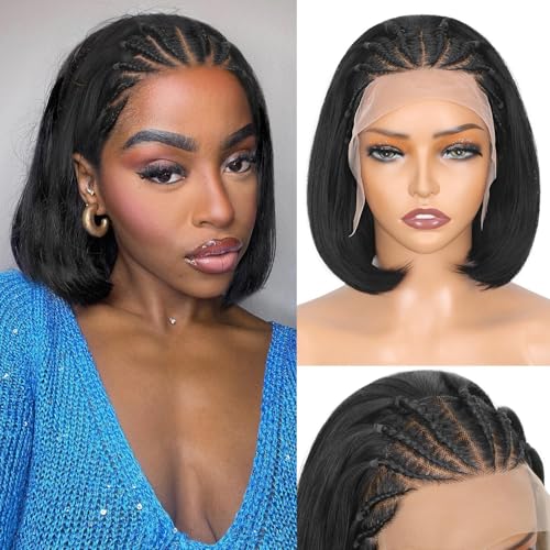 Lady Miranda 13x4 Glueless Cornrow Bob Wig for Black Women Synthetic Lace Front Wig Handmade Braided Wigs for Black Women Natural Black Short Straight Bob Wigs