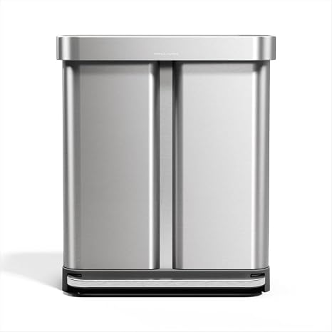 simplehuman Step Recycler, 58L / 15.3 Gallon Dual Compartment Kitchen Trash Can, 150,000-Step Steel Pedal, Lid Shox Silent Close, Liner Rim System, Liner Pocket, Brushed Stainless Steel