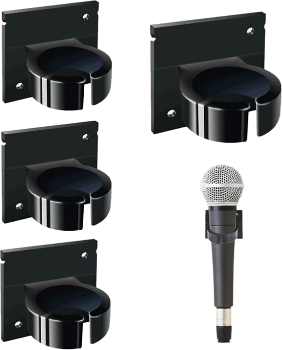 4 PCS Microphone Clips Universal Microphone Holders Microphone Bracket Clips Microphone Stand Hooks Microphone Wall Mount with Square Adhesive Backing for Home, Office, Hotel, Karaoke(Black)