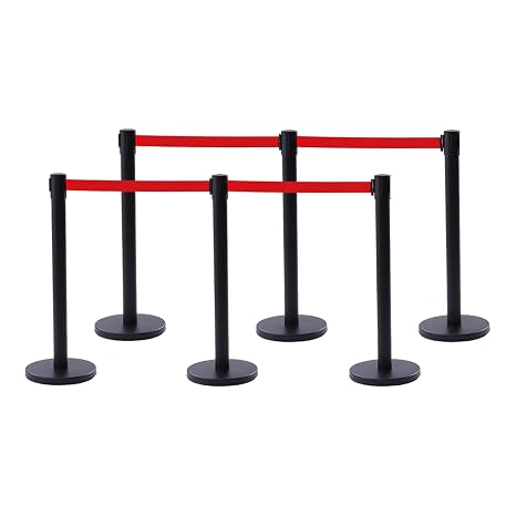 Crowd Control Stanchions, 35 Inch Stanchion Set Crowd Control Barrier with 6.5 ft/2m Red Retractable Belt and Rubber Base for Theaters, Wedding, Easy Assembly, 6Pcs Black