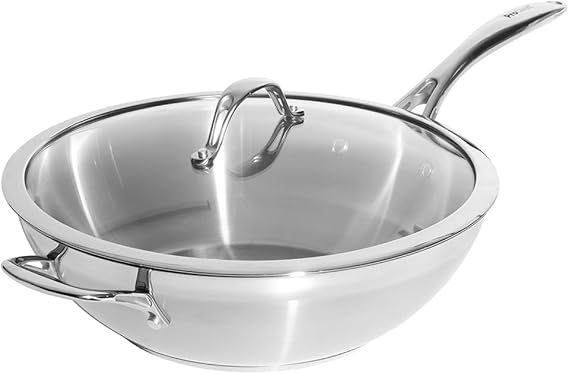 ProCook Professional Stainless Steel Wok with Lid Uncoated Induction & Oven Safe Pans Heavy Duty Cooking Pots - 30cm