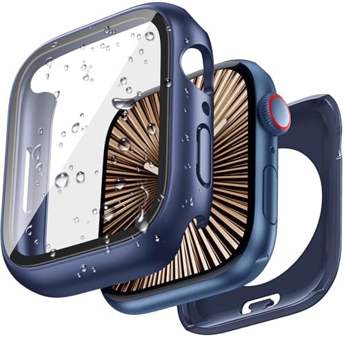 3 in 1 Goton Waterproof Hard Case for Apple Watch Screen Protector 46mm, 360 Slim Full Protective Tempered Glass Face Cover + Back Hard PC Bumper for iWatch Series 11/10, 46mm Blue