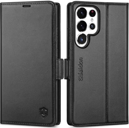 SHIELDON Wallet Case for Galaxy S25 Ultra 6.9, Genuine Leather Folio Case with Kickstand RFID Blocking Card Holder Magnetic Protective Phone Cover Compatible with Galaxy S25 Ultra 2025 - Black
