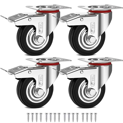 GBL Heavy Duty Castor Wheels with 4 Brakes  Screws - 75mm up to 200KG - Pack of 4 No Floor Marks Silent Caster for Furniture - Rubbered Trolley Wheels - Silver Castors