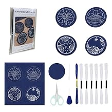 4 Set Sashiko Coasters DIY Kit with Pattern, Embroidery Starter Kit with Instructions for Beginners, Sashiko Kit, Round Sashiko Embroidery Coasters for Tea Table Home Decoration Housewarming Gift