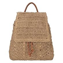 Women Medium Straw Handmade Woven Backpack Flap Drawstring Shoulders Bag Beach Daypack