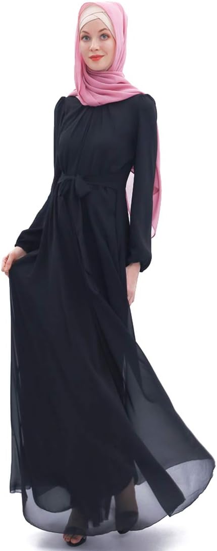 BooW Women's Chiffon Kaftan Abaya Dress Muslim Long Sleeve Self Tie Flowy Maxi Dress Islamic Evening Gown
