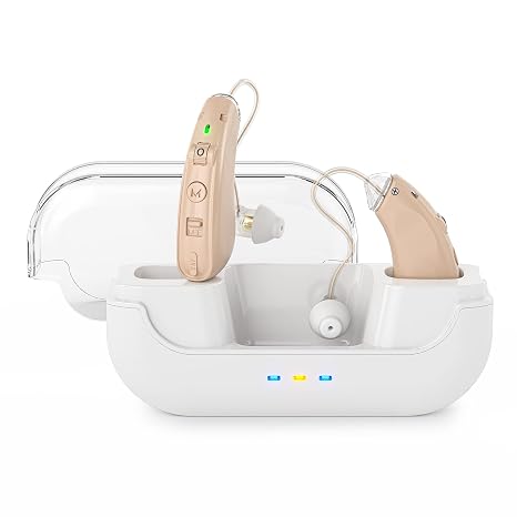 Rechargeable Hearing Aid for the Elderly, Noise Cancelling BTE Adult Digital Hearing Aid, OTC Hearing Aid with Charging Case (Brown)