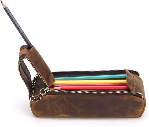 Hiram Leather Pencil Case, Crazy Horse Cowhide Leather Zipper Pen Bag Pouch, Portable Cosmetic Case (Coffee)