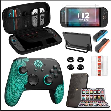 Pro Controller Accessories for Switch 2, Wireless Controller with One-Key Wake-Up, Carrying Case, Screen Protectors, Dockable Console Protective Case, Game Cards Case and Thumb Grips