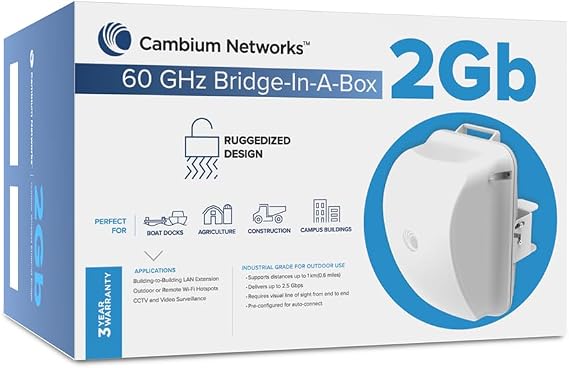 Cambium Networks 60 GHz Bridge in a Box 2 Gb- Extended Connectivity Up to 0.3 Miles (500 Meters)- 3.6 Gbps Throughput- LAN Extension- Backhaul for Outdoor/Remote Wi-Fi Hotspots-(US cord)- C600510C020A