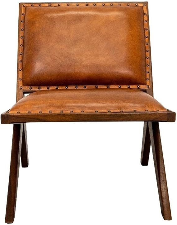 ASHCROFT Malon Mid Century Modern Tight Back Genuine Leather Lounge Chair in Tan