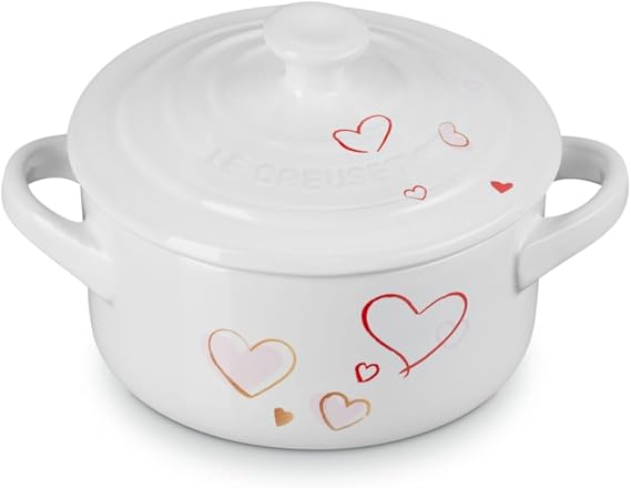Le Creuset Stoneware Classic Round Mini Cocotte, 8 Oz., White with Hearts