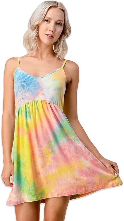 NEON NATION Womens Tie Dye Cotton Candy Pink and Blue Colored Short Casual Style Dress with Open Back and Spaghetti Straps