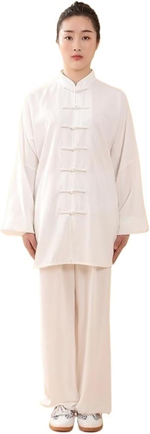 Kung Fu Uniform Women Cotton Silk Tai Chi Suit Kung Fu Wushu Martial Arts Uniform Performance Jacket Pants Exercise Clothing(Cream,XXL)