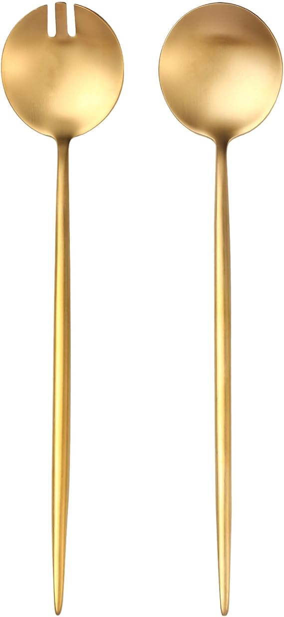 Gold Salad Serving Utensils,Serving Spoons Stainless Steel,2Pcs Long Handle Salad Servers 11.42 Inch,Salad Utensils for Serving,Matte Finish,Dishwasher Safe