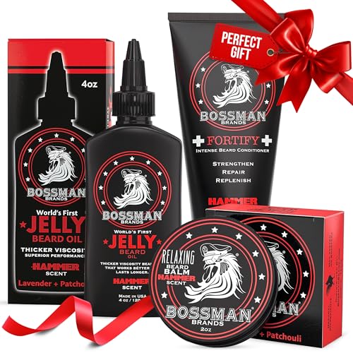 Bossman Essentials Beard Kit for Men, Set of 3 - Beard Oil Jelly, Fortifying Conditioner Cream, Beard Balm - Grooming Growth Care Accessories - Gift Set for Men Hammer