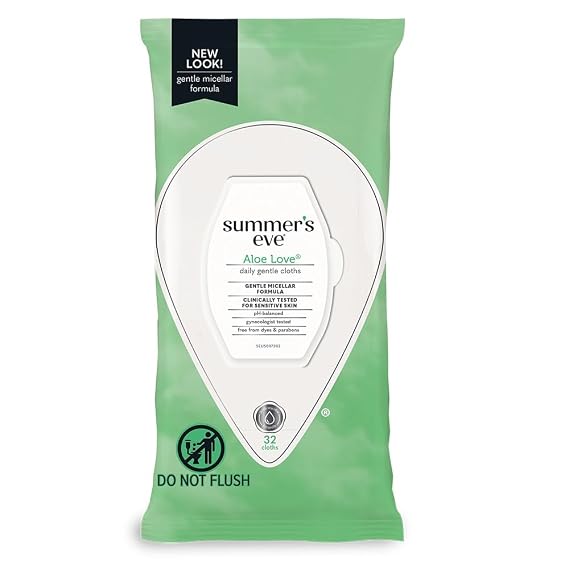 Summers Eve Aloe Love Feminine Cleansing Wipes, Daily Intimate Cloths, Removes Odor, pH Balanced, Gentle for Sensitive Skin, 32 Count (Pack of 1)