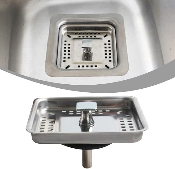 Square for Stainless Steel Sink Strainer 85x85mm, Perforated Drain Cover with Post Kitchen Waste Filter, Silver