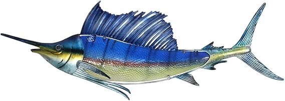 LIFFY Metal Fish Wall Decor,36" Large Swordfish Wall Art,Indoor Outdoor Tropical Ocean Glass Sailfish Art Sculptures Home Decorative Ornaments for Garden Porch Bedroom Living room