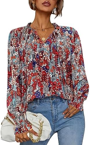 HOTOUCH Womens Long Sleeve Tops Boho Floral Printed Blouses Casual V Neck Pleated Drawstring Peasant Shirts