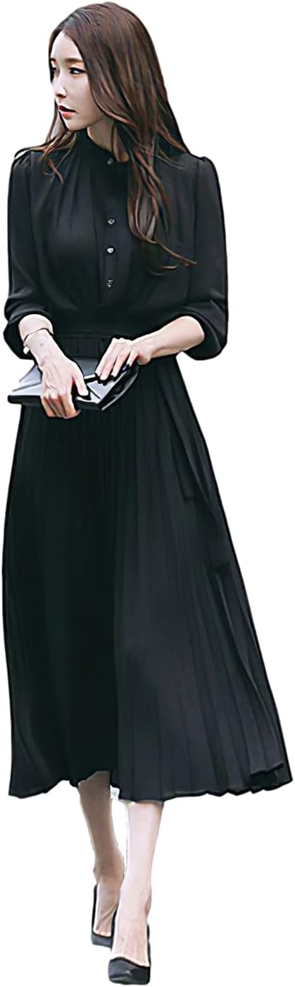 amropi Womens Pleated Long Sleeve Loose Dress Casual Maxi Dresses with Tie Waist