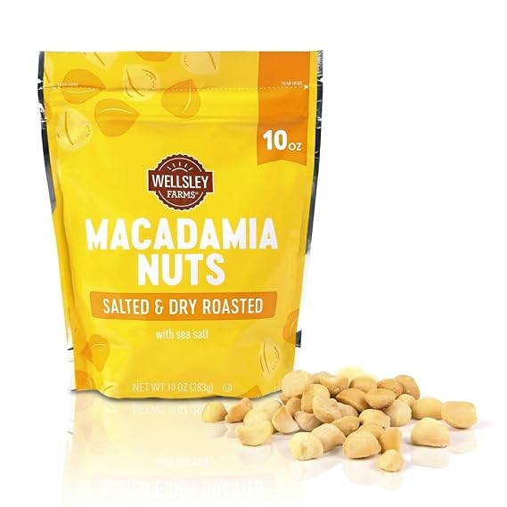 Premium Macadamia Nuts (1 Bag), Wellsley Farms. Dry Roasted, Lightly Seasoned with Sea Salt, 10 oz Resealable Pouch Kosher, Keto-Friendly Snack.