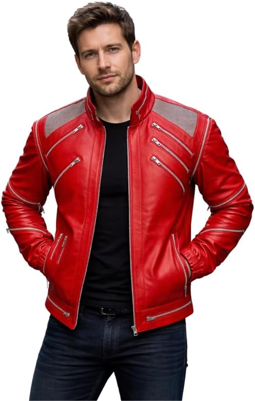 Mens MJJ B3at-It Red Leather Zipper Jacket | Thriller Jacket for Adult Costume for Halloween