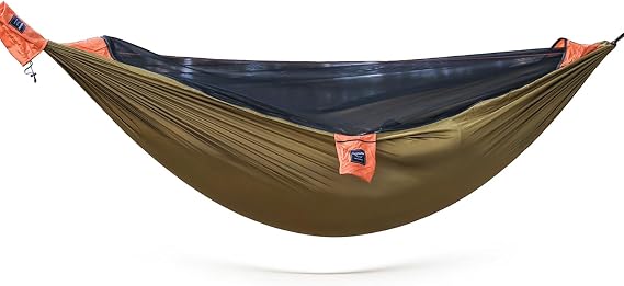 Camping Hammock with Integrated Mosquito Net, Ultralight Backpacking Hammock with Tree Straps & End-Aligned Stuff Sack, 210T Parachute Nylon Single Outdoor Portable Hammock-Olive Green & Orange