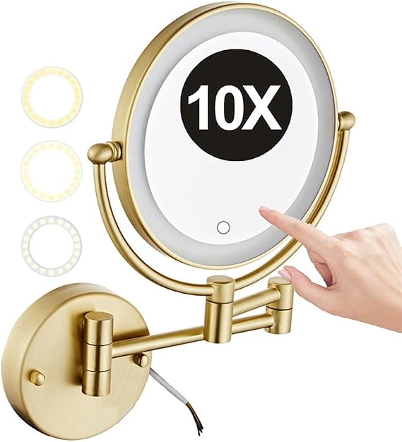 8" Wall Mounted Lighted Makeup Vanity Mirror with Touch Screen Stepless Dimming & 3 Color Lights, 2-Sided 1X/10X Magnifying LED Cosmetic Mirror, HD Shaving Mirror for Bathroom,Brushed Gold,Hard Wired