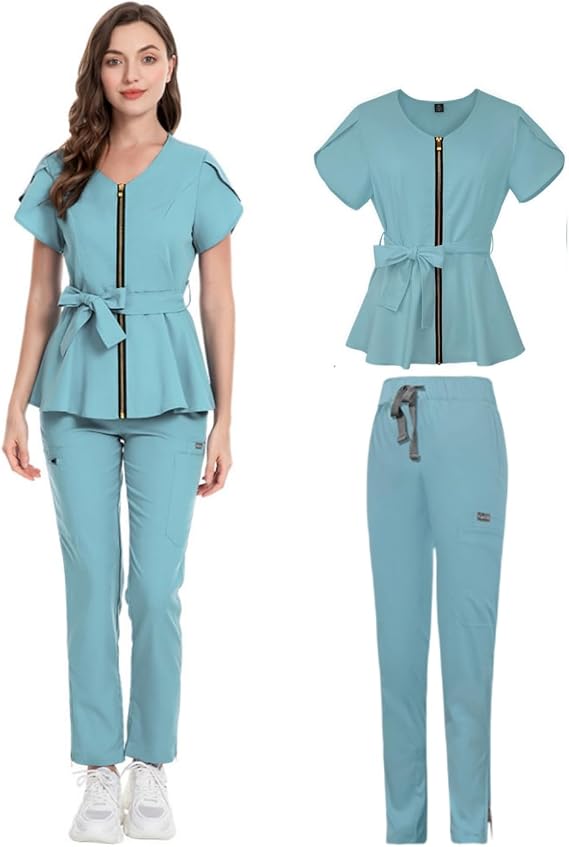 Scrubs Set,Nurse Uniform,Uniforms Women's Essential,Women's Medical Suit with Zipper,V-Neck Healthcare Scrub