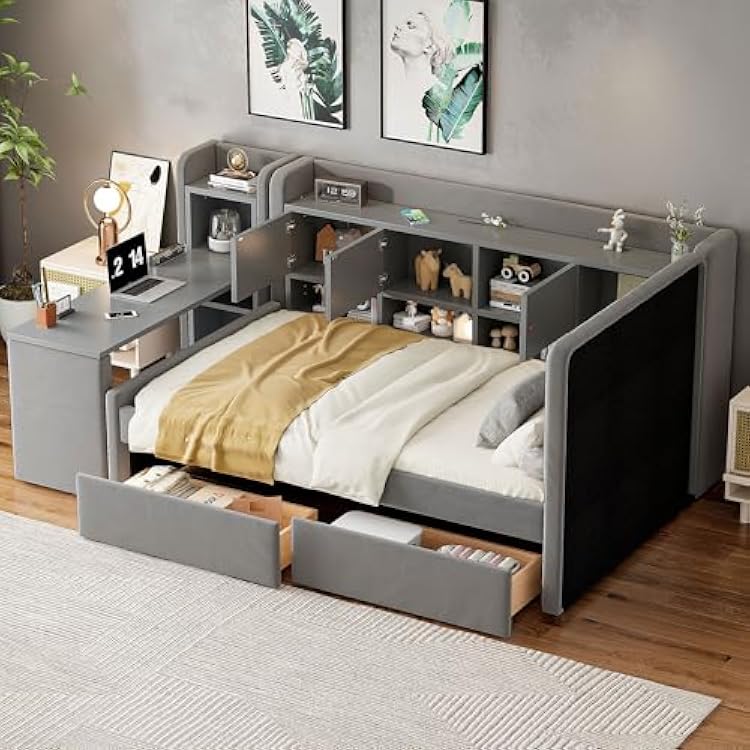Twin Upholstered Daybed with Storage Drawers, Shelves, Flip Cabinets & Side Table Modern Multi-Functional Design for Bedroom or Guest Room Gray