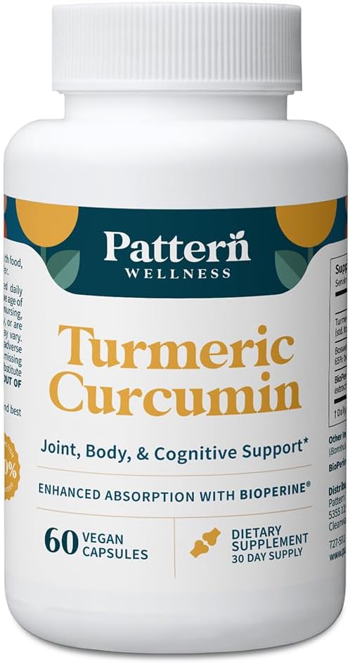 Pattern Wellness Turmeric Curcumin Supplement 60 Capsules | 95% Curcuminoids with BioPerine Black Pepper Supports Joint, Cognitive & Immune Health Non-GMO, Gluten Free