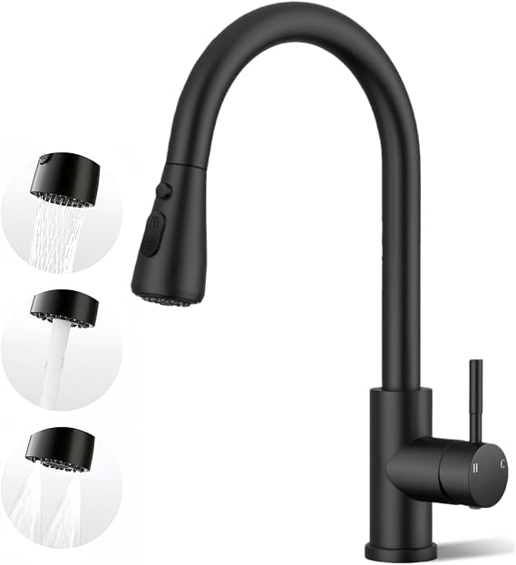 Black Kitchen Tap, Kitchen Mixer Taps with Pull Out Sprayer, 2 Modes Spray | Stainless Steel | Single Handle for Easy Control | Quick Installation