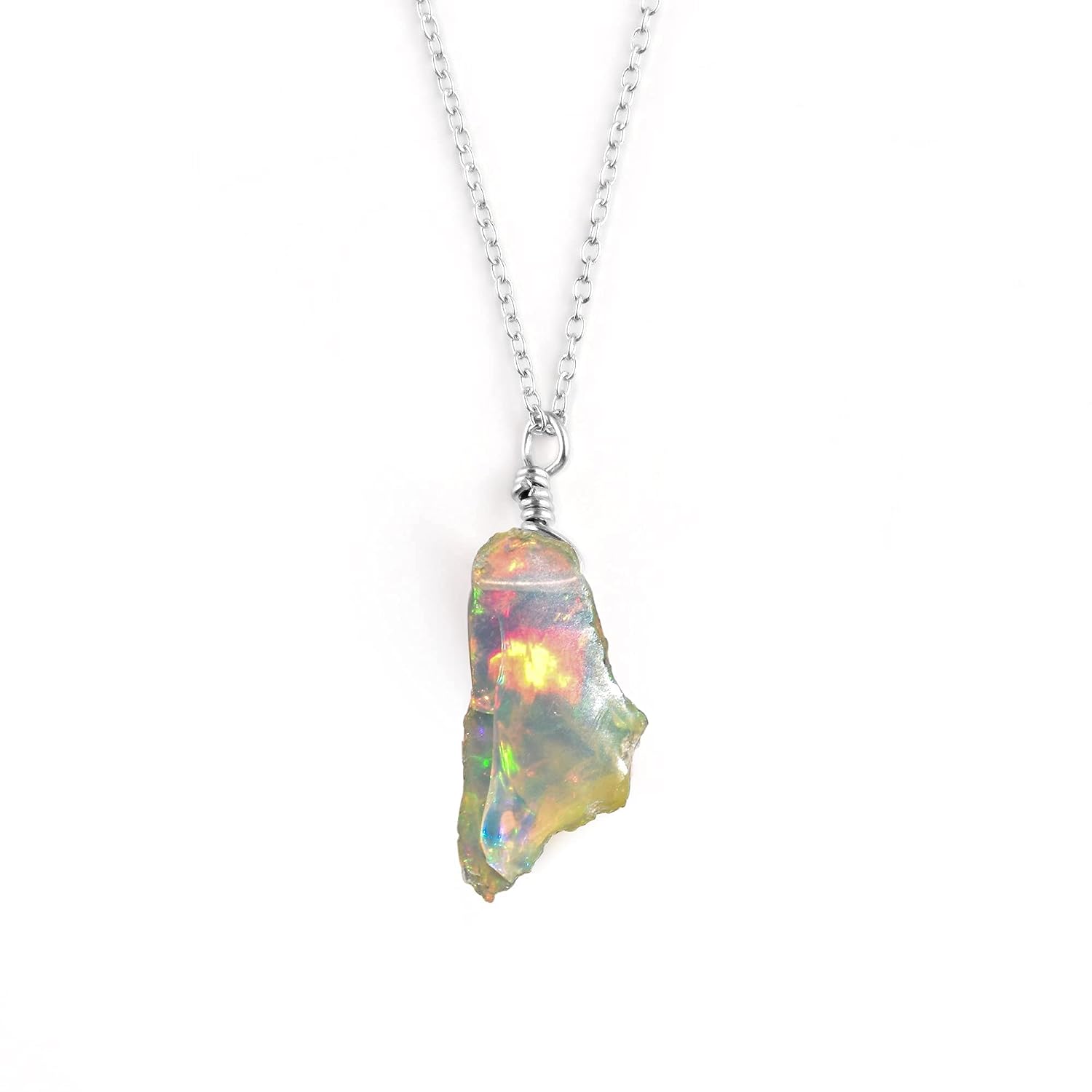 OdrillionGems® 100% Real Raw Ethiopian Opal Stone Dainty Pendant Necklace Handmade Jewelry Healing Crystals Gift for Women October Birthstone 925 Sterling Silver Necklace in 18inch