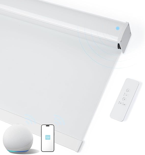 Motorized Roller Shades with Remote, Cordless Automatic Window Shades,Compatible with Alexa and Google Home(White, 24" W x 72" H)